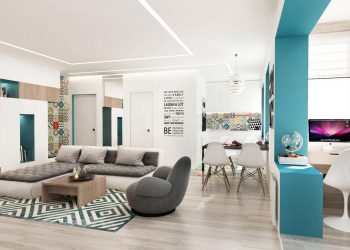 Könnyű, modern, nyitott és átalakítható belső tér egy fiatal kisgyerekes pár 55m2-es lakásában, mintákkal, türkiz színnel díszítve