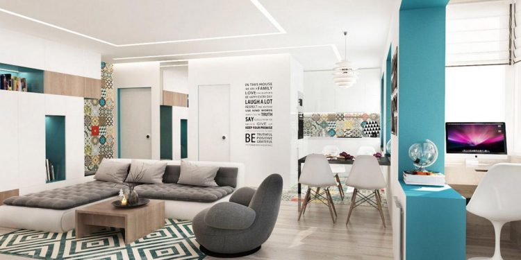 Könnyű, modern, nyitott és átalakítható belső tér egy fiatal kisgyerekes pár 55m2-es lakásában, mintákkal, türkiz színnel díszítve