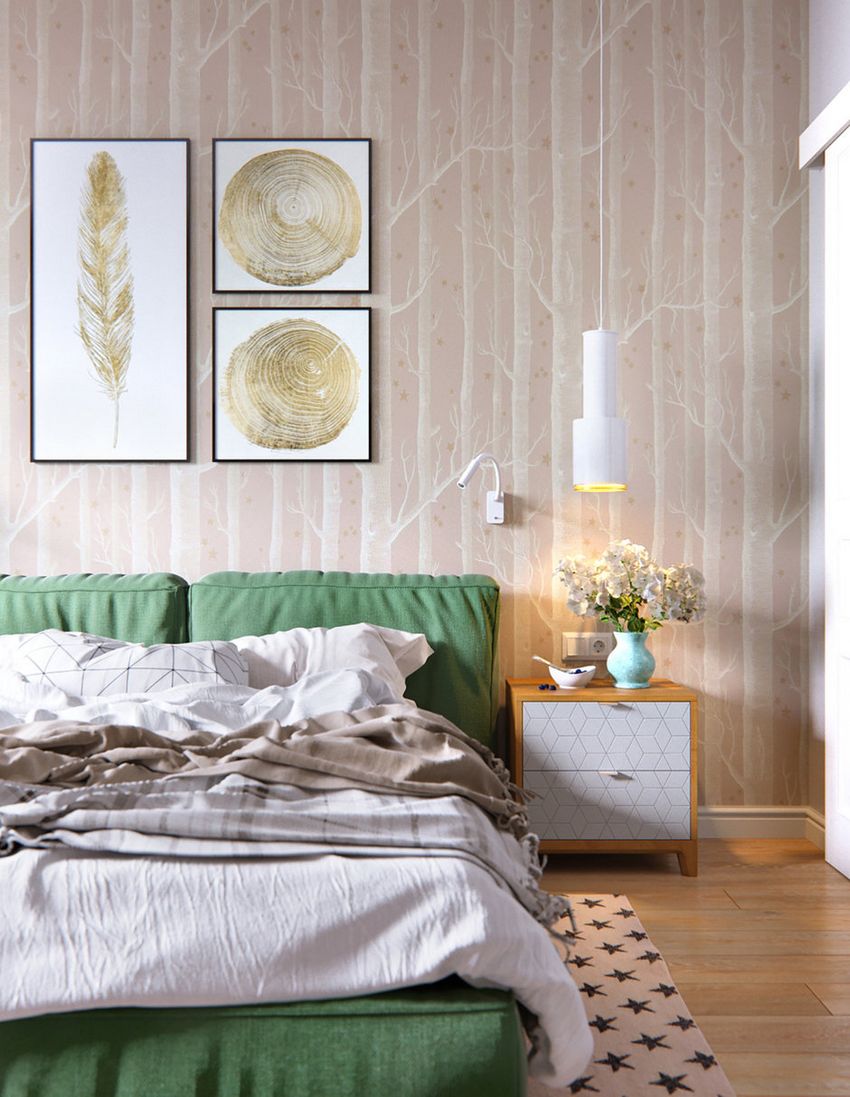 Könnyed, meleg és funkcionális lakberendezés 61m2-en - egyszerű és praktikus megoldások, zöld kanapé, üvegfal