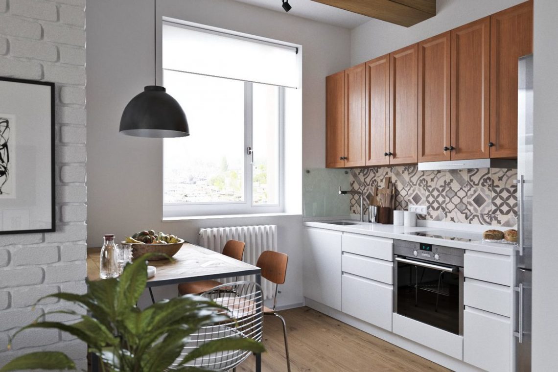 62m2-es lakás tetőtéri hálószobával - friss, világos berendezés, dekorbeton, fa, tégla