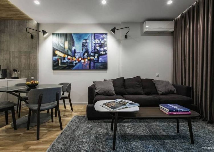 Egy férfi lakás lakóterének átszervezése - 64.2m2, modern stílusban berendezve, fa és beton hatású burkolatok