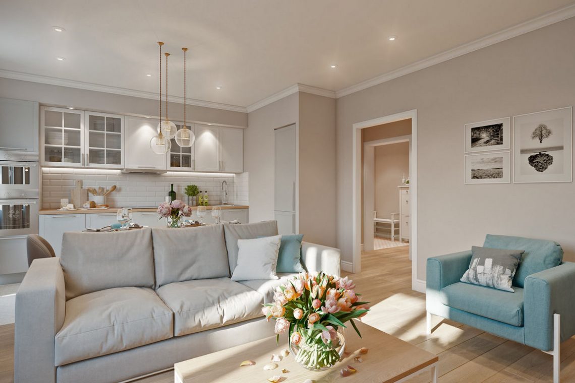 Nyugodt, lágy pasztellszínek 65m2-es lakásban - fehér, bézs és szürke árnyalatok egy csipetnyi türkizzel, természetes anyagokkal