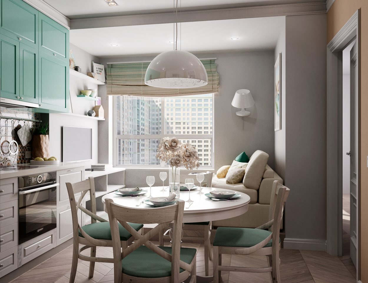 Kék, zöld, púder, szürke, homok és fa - 65m2-es kétszobás lakás kellemes színpalettával, két gardróbbal