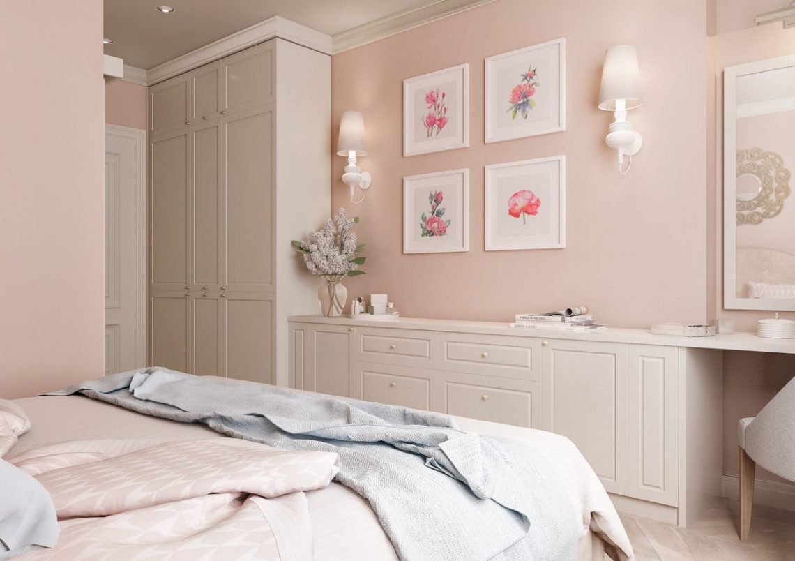 Kék, zöld, púder, szürke, homok és fa - 65m2-es kétszobás lakás kellemes színpalettával, két gardróbbal