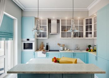 Világoskék konyha, zöld, kék, vörös falak - 71m2-es lakás látványosan színes és mintás elemekkel