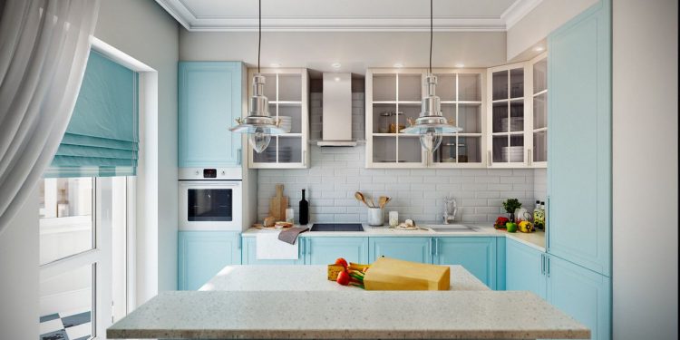 Világoskék konyha, zöld, kék, vörös falak - 71m2-es lakás látványosan színes és mintás elemekkel