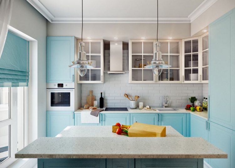 Világoskék konyha, zöld, kék, vörös falak - 71m2-es lakás látványosan színes és mintás elemekkel