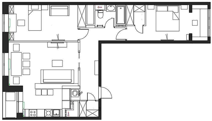 Alaprajz - Fiatal család 78m2-es, háromszobás lakása - visszafogott színek, elegáns burkolatok, fém, üveg, fényes felületek