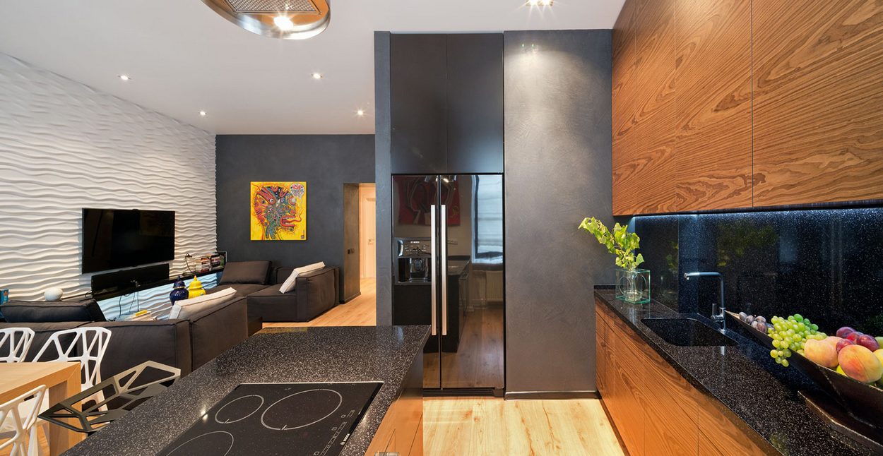 80m2-es lakás gyerekszobával - kontrasztos dekoráció, sötét, világos és fa felületekkel 80m2-es lakás gyerekszobával - kontrasztos dekoráció, sötét, világos és fa felületekkel