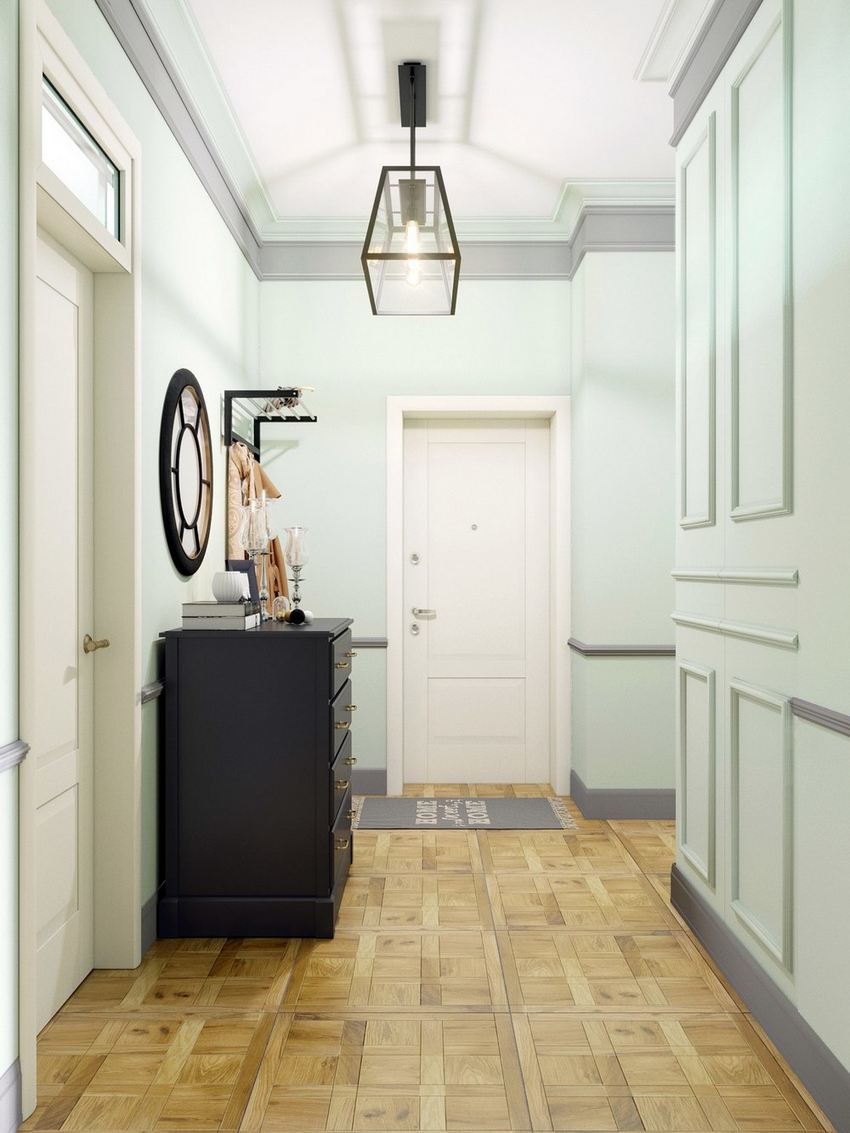 Pasztell zöldeskék falak, szürke konyha, gyerekszoba - háromszobás lakás lágy színekkel díszítve, gardróbhelyiség, praktikus és kényelmes elosztás Pasztell zöldeskék falak, szürke konyha, gyerekszoba - háromszobás lakás lágy színekkel díszítve, gardróbhelyiség, praktikus és kényelmes elosztás