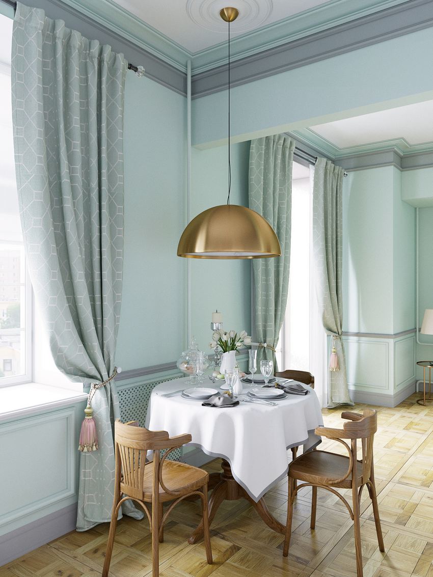 Pasztell zöldeskék falak, szürke konyha, gyerekszoba - háromszobás lakás lágy színekkel díszítve, gardróbhelyiség, praktikus és kényelmes elosztás Pasztell zöldeskék falak, szürke konyha, gyerekszoba - háromszobás lakás lágy színekkel díszítve, gardróbhelyiség, praktikus és kényelmes elosztás