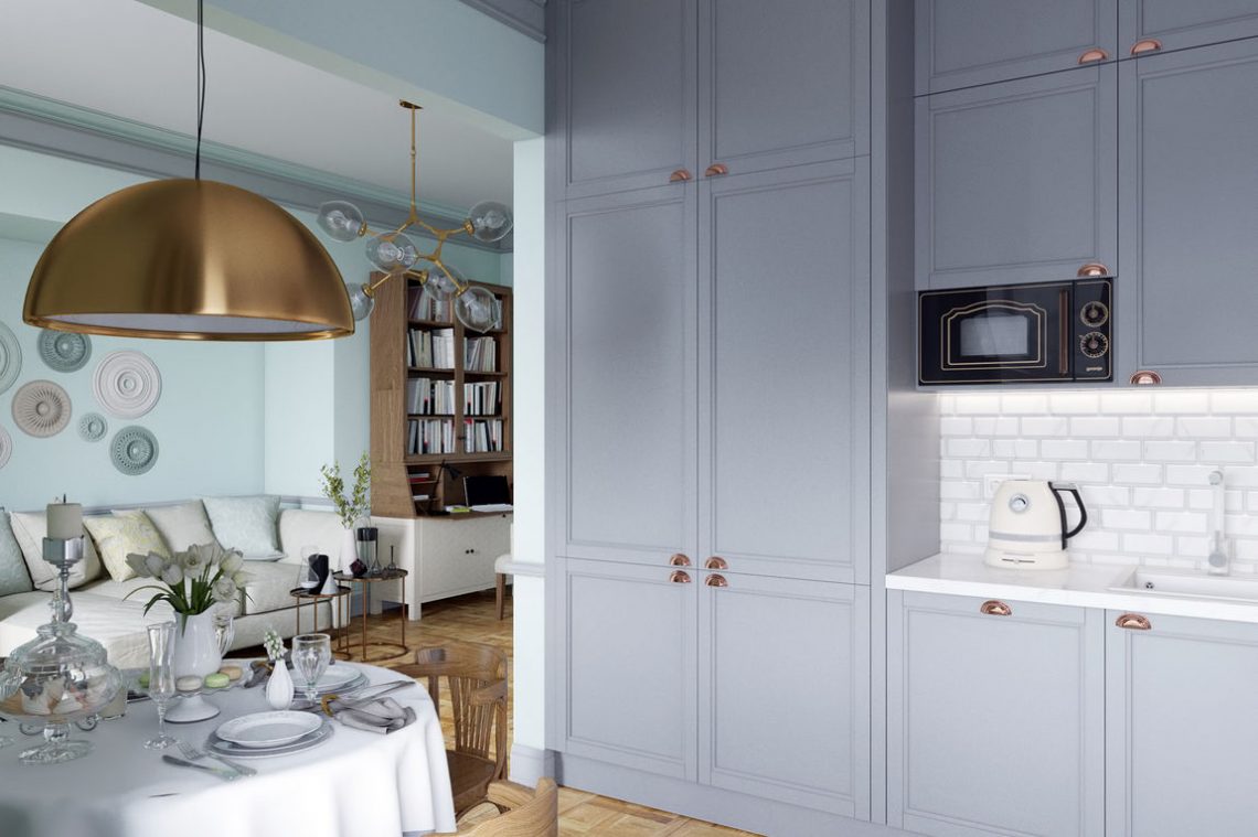 Pasztell zöldeskék falak, szürke konyha, gyerekszoba - háromszobás lakás lágy színekkel díszítve, gardróbhelyiség, praktikus és kényelmes elosztás