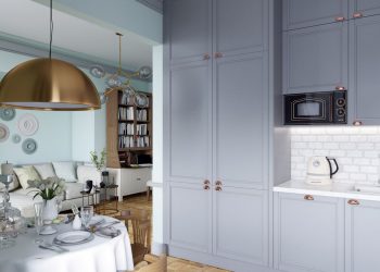 Pasztell zöldeskék falak, szürke konyha, gyerekszoba - háromszobás lakás lágy színekkel díszítve, gardróbhelyiség, praktikus és kényelmes elosztás