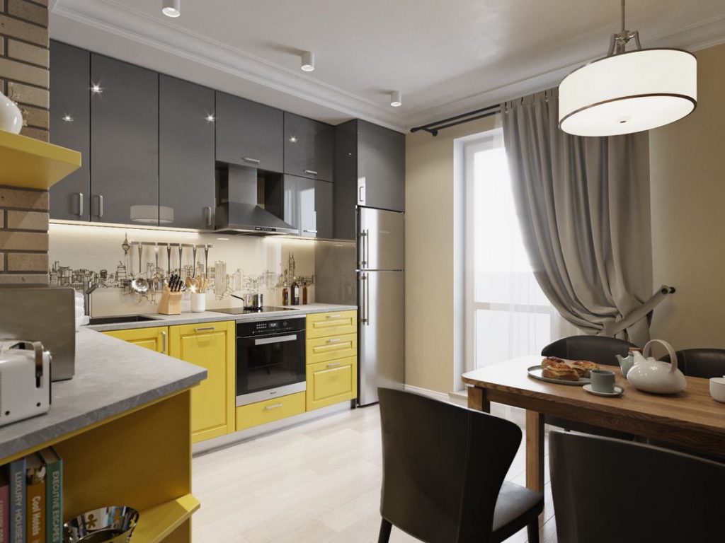 Sárga-szürke konyha, változatos faldekoráció - 81m2-es háromszobás új építésű lakás lakberendezése