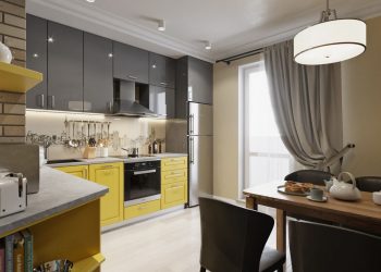 Sárga-szürke konyha, változatos faldekoráció - 81m2-es háromszobás új építésű lakás lakberendezése
