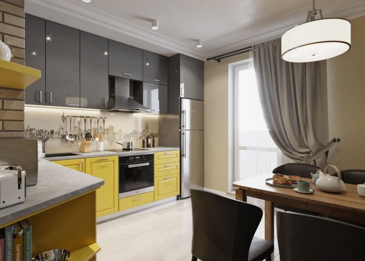 Sárga-szürke konyha, változatos faldekoráció - 81m2-es háromszobás új építésű lakás lakberendezése