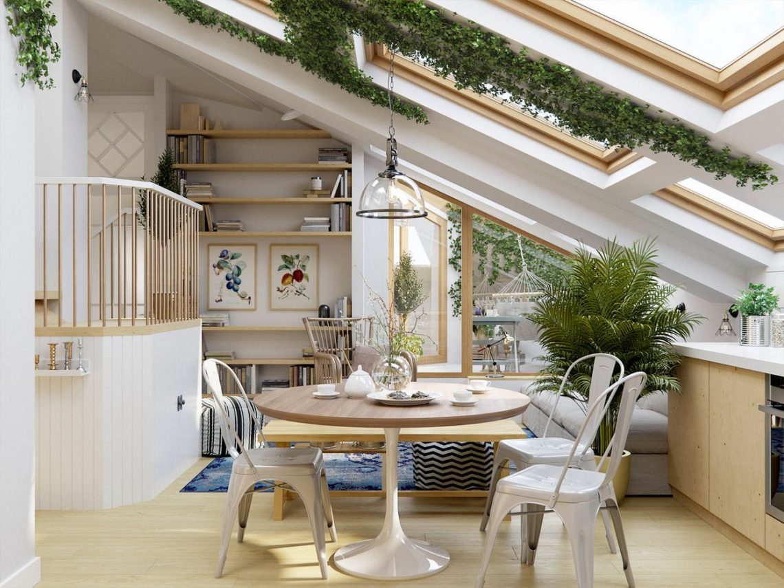 Tetőtéri lakás terasszal, nem szabványos terek ügyes, világos, természetes hangulatú berendezése 91m2-en