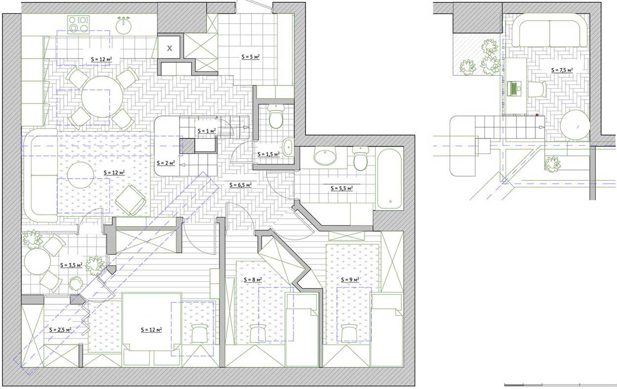 Alaprajz - Tetőtéri lakás terasszal, nem szabványos terek ügyes, világos, természetes hangulatú berendezése 91m2-en