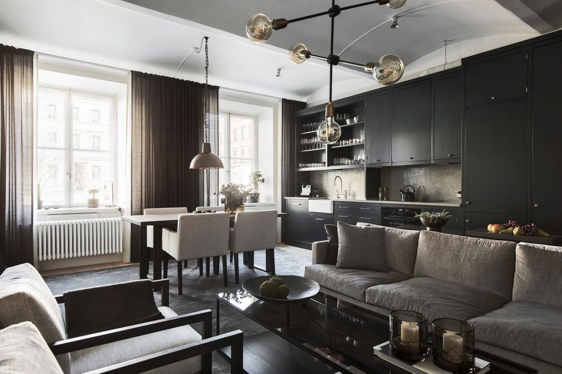 A sötét árnyalatok, fekete szín kedvelőinek - elegáns berendezés sok feketével 91m2-en