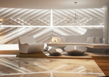 Ultramodern, elegáns lakberendezés, látványos és érdekes formákkal, felületekkel