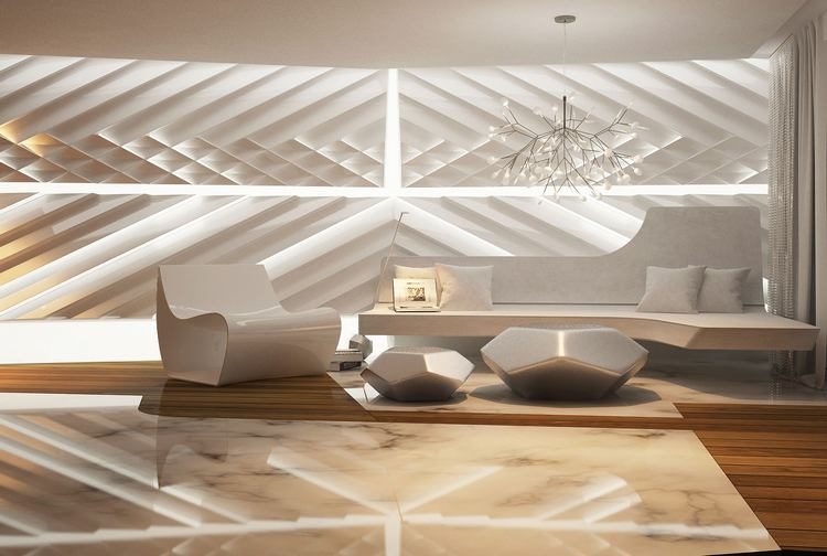 Ultramodern, elegáns lakberendezés, látványos és érdekes formákkal, felületekkel
