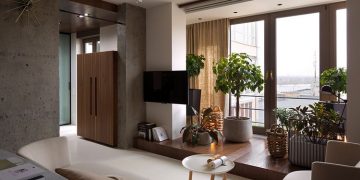 Elegáns, szép lakás, természetes fa elemekkel és egy kevés nyers beton felülettel
