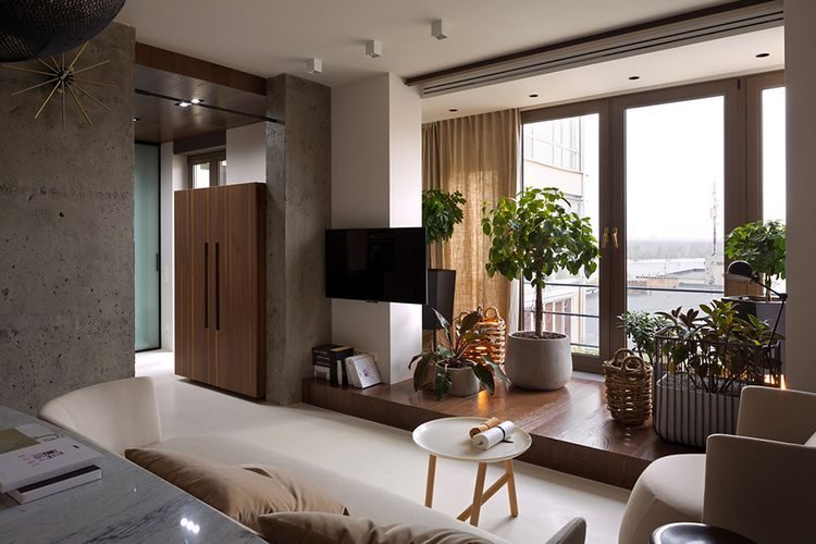 Elegáns, szép lakás, természetes fa elemekkel és egy kevés nyers beton felülettel