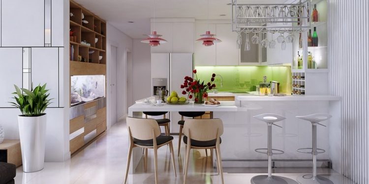 Modern lakás természetes, világos fa felületekkel, nyitott konyhával és gyerekszobával