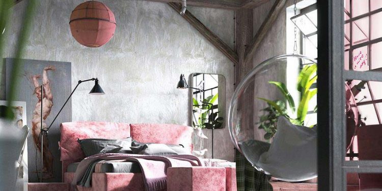 Rózsaszín bútor, gerendák, beton és viharvert fa padló - szokatlan és érdekes kombináció egy tetőtéri szobában