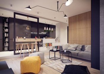 Konyha és nappali kreatívan egy térbe tervezve, lakás fa, fehér és szürke elemek kombinációjával