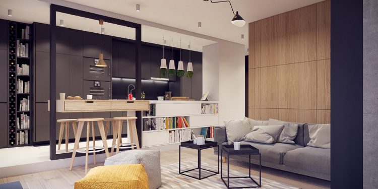 Konyha és nappali kreatívan egy térbe tervezve, lakás fa, fehér és szürke elemek kombinációjával