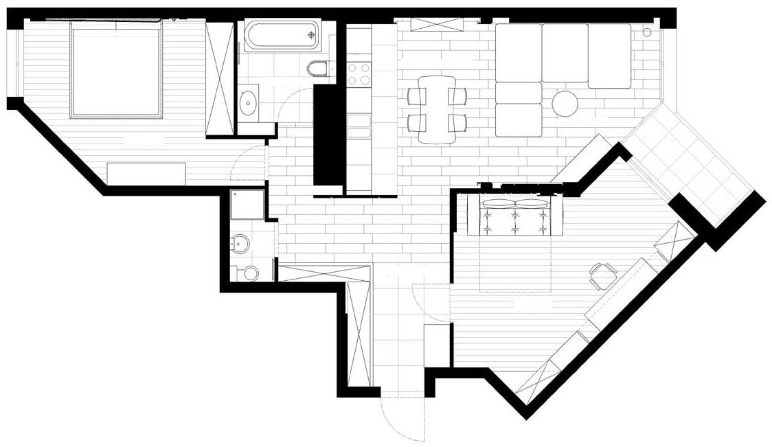 Alaprajz - Modern lakás egy fiatal férfinak - semleges és sárga színek, remek világítás, meleg fa elemek