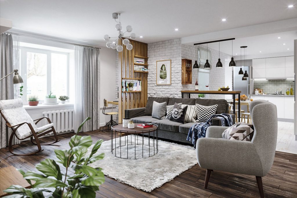 Fiatal család háromszobás lakása - skandináv lakberendezés színekkel, mintákkal, fa textúrákkal