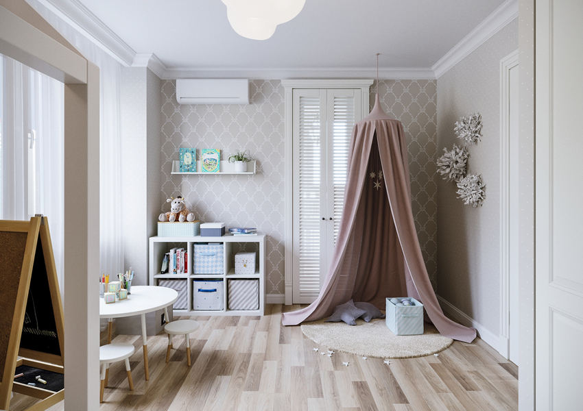 Bézs és szürke gyönyörű összhangban - háromszobás lakás elegáns és otthonos berendezése gyerekszobával