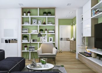 Négyszobás lakás sok természetes fa felülettel, kellemes zöld árnyalatokkal, itt-ott élénk színekkel, két gyerekszobával