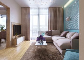 Világos, meleg és szép kék árnyalatok összhangja, praktikus gardróbok, természetes fa és elegáns kő burkolatok - kétszobás lakás