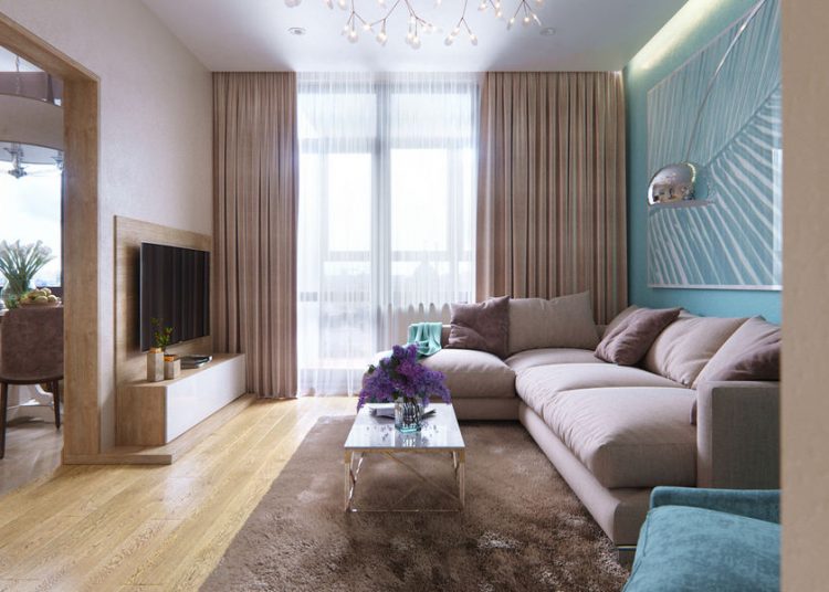 Világos, meleg és szép kék árnyalatok összhangja, praktikus gardróbok, természetes fa és elegáns kő burkolatok - kétszobás lakás