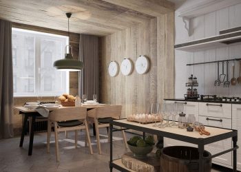 Fiatal férfi modern, kényelmes lakása, vidéki házat idéző lakberendezéssel - meleg faburkolatok, növények