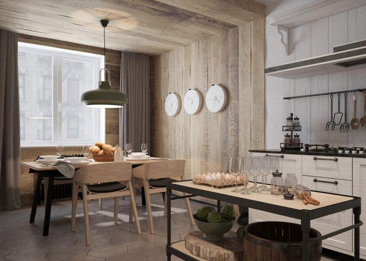 Fiatal férfi modern, kényelmes lakása, vidéki házat idéző lakberendezéssel - meleg faburkolatok, növények