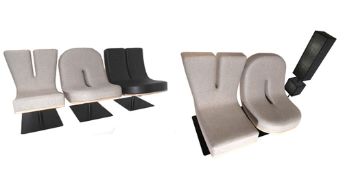 ABC székek és idézőjel lámpák, egyedi lounge bútor