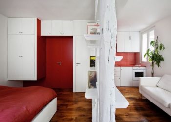 25nm-es kis lakás piros és fehér dekorációval - mini élettér stílusosan 1