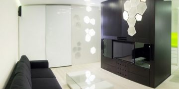 69nm-es modern lakás egyedi hangulatvilágítással és multifunkcionális térelválasztó blokkal 1