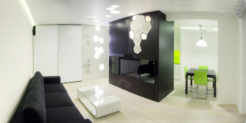 69nm-es modern lakás egyedi hangulatvilágítással és multifunkcionális térelválasztó blokkal 2