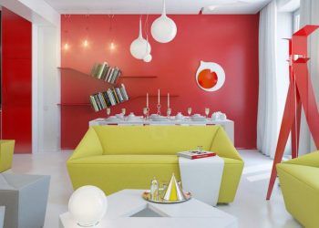 Kis lakás lakberendezési koncepciója élénk sárga és piros színekkel 1