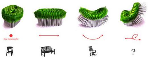 A New Yorkban dolgozó Francis A. Bitonti designer ötlete a százlábú inspirálta, kefére emlékeztető, alakmemóriával rendelkező, emlékező polimer anyagú jópofa szék.