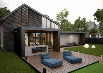 Modern családi ház kényelmes terasszal, fedett kültéri konyhával - fűvel borított eltolható medence borítás, könnyed lakberendezés