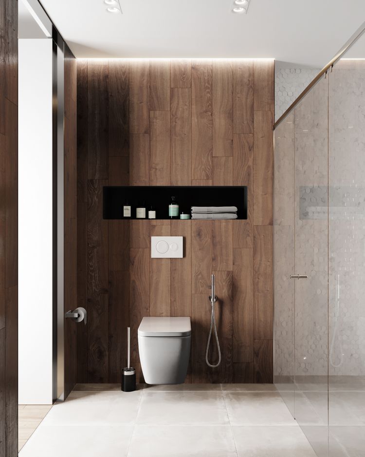 Fa hatású kerámia burkolat és kis formátumú, hatszögletű, 3d hatású csempe kombinációja