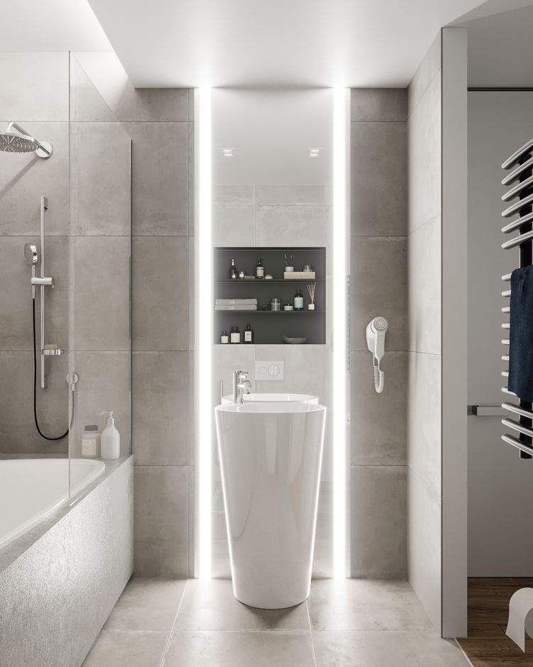 Látványos burkolat fürdőkád fölött háromszög mintázattal, modern világítás