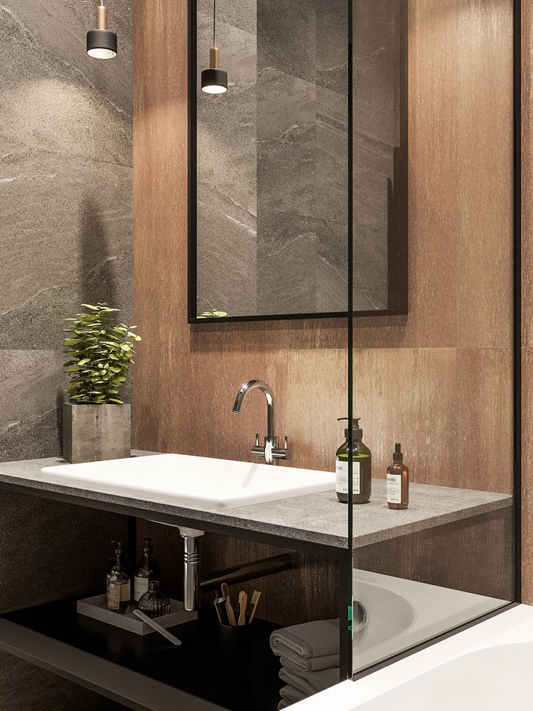 Fa paneleket idéző burkolat és szürke kő kombinációja