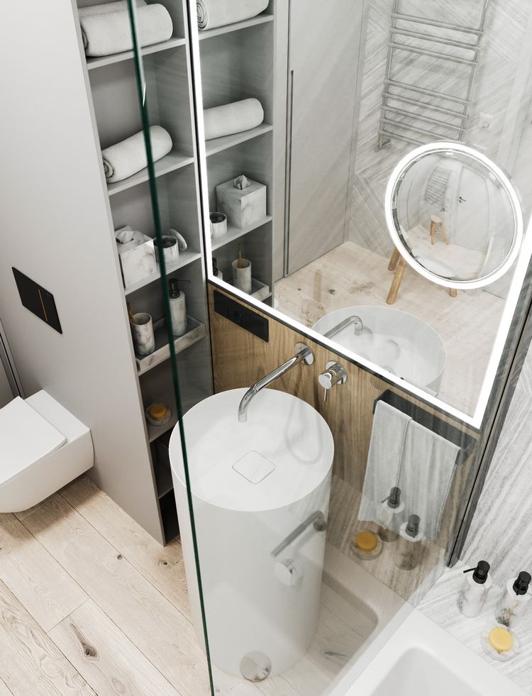 Világosszürke, fehér és fa kombinációja